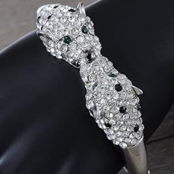 Neiman Marcus Silver Rhinestone Twin Jaguar Cuff Bangle Bracelet - Picture 1 of 5